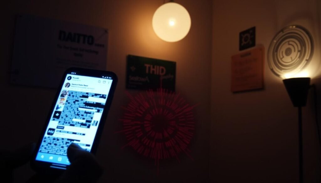 A dimly lit room, the walls adorned with subtle indicators of shadow bans - a glitching social media feed, blurred metrics, and a swirling vortex of digital noise. In the foreground, a smartphone screen flickers with cryptic symbols, hinting at the hidden forces that govern the online landscape. The atmosphere is one of unease and uncertainty, as the viewer is drawn into the mysterious world of platform algorithms and their elusive enforcement. The image captures the essence of navigating the shadows of social media, where visibility and engagement can vanish without warning.