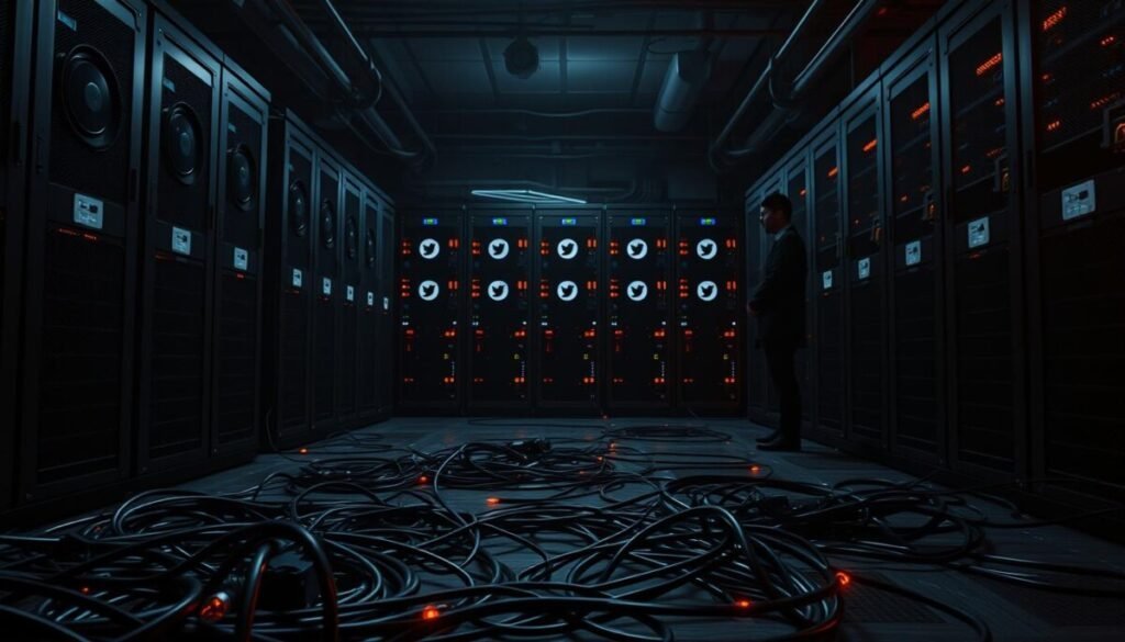 A dimly lit server room, filled with the hum of cooling fans and blinking indicator lights. In the foreground, a tangle of cables snakes across the floor, representing the technical limitations of a social media platform's API. The middle ground features a series of server racks, each emblazoned with the platform's logo, symbolizing the underlying infrastructure struggling to keep up with user demand. In the background, a shadowy figure stands, pondering the challenges of scaling a complex system to meet the needs of a growing user base. The scene conveys a sense of technical complexity and the ever-evolving challenges faced by social media platforms in maintaining reliable and robust API services.