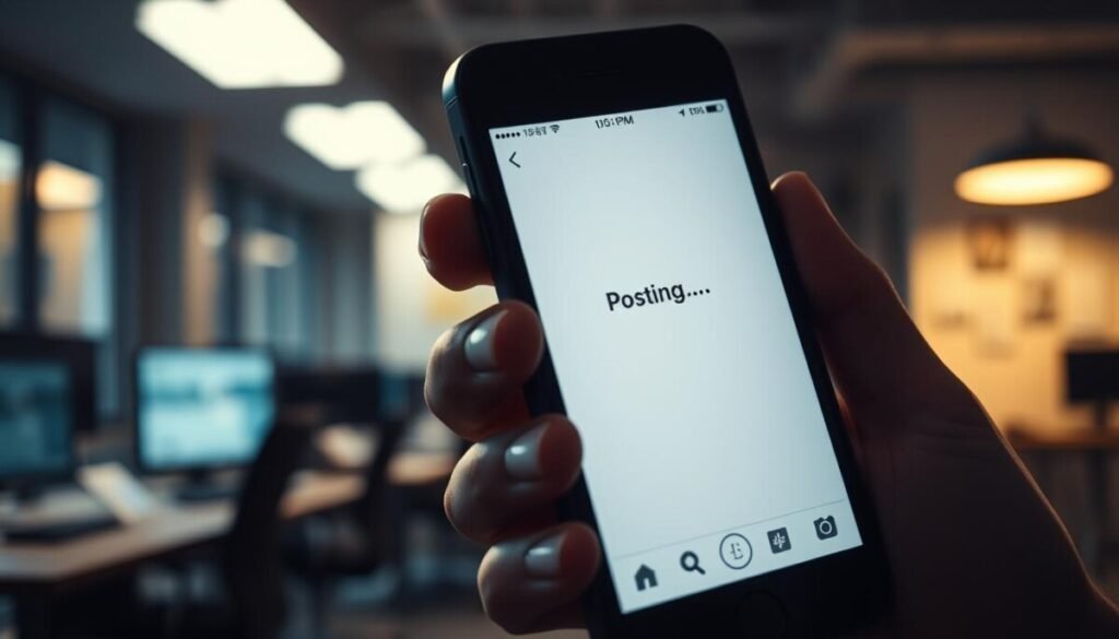 A frustrated user's smartphone screen, the Instagram app interface prominently displayed, frozen on the "Posting..." status. The background is a blurred, out-of-focus office workspace, suggesting a professional environment. Dramatic lighting from the side casts dramatic shadows, adding to the sense of tension and urgency. The camera angle is slightly tilted, giving the impression of the user's perspective, drawing the viewer into the frustrating experience. The image has a hyper-realistic, high-fidelity photographic quality, capturing every minute detail of the smartphone screen and the surrounding environment.