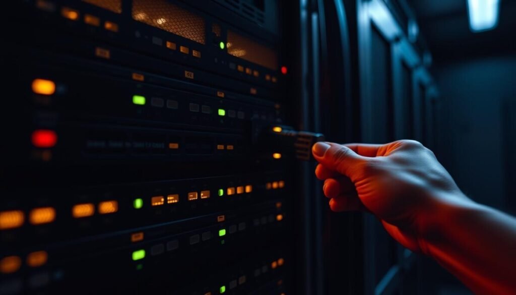 A high-contrast, close-up photograph of a server rack in a dimly lit data center. The server faces are adorned with various ports, switches, and LED indicators, casting a warm glow. In the foreground, a hand reaches in, connecting a cable to a port, symbolizing the integration of server-side tagging for Google Analytics 4. The composition emphasizes the technical complexity and hands-on nature of the task, conveying a sense of precision and purpose. Soft shadows and highlights create depth, while the overall tone evokes a mood of methodical problem-solving.