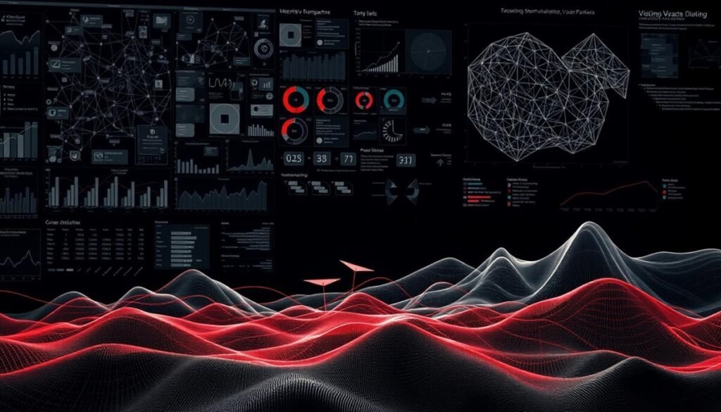 A high-contrast data visualization depicting intricate patterns of user engagement on a social media platform. The foreground showcases a complex web of interconnected graphs, charts, and heatmaps, meticulously displaying metrics such as content views, shares, and comments. The middle ground features abstract geometric shapes and lines, representing the platform's underlying algorithms and recommendation systems. In the background, a subtle yet captivating landscape of digital textures and gradients sets the tone, conveying the technical and analytical nature of the subject matter. Lighting is dramatic, with sharp shadows and highlights emphasizing the depth and dimensionality of the scene. The overall mood is one of analytical precision and technological prowess, reflecting the in-depth exploration of platform vulnerabilities.