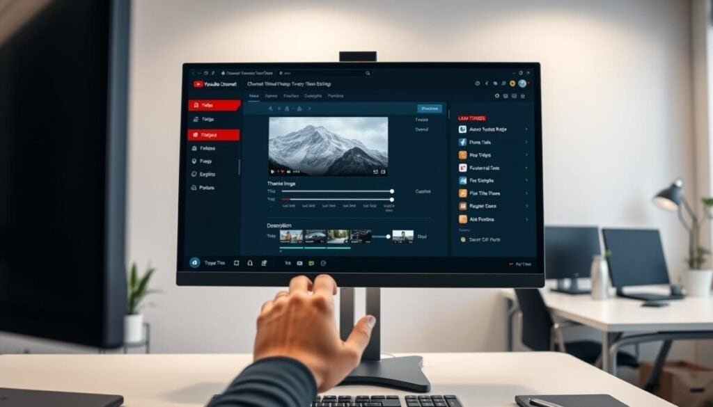 A high-contrast, hyper-realistic photograph of a desktop computer screen displaying a YouTube channel thumbnail optimization interface. The screen shows various analytics tools, sliders, and options for customizing the thumbnail image, video title, and description. The foreground features a sharp, well-lit close-up of the screen, with the user's hands visible, adjusting the settings. The middle ground depicts a minimalist office environment with a desk, chair, and other workspace elements. The background is softly blurred, creating depth and focus on the central screen. The overall atmosphere is one of productivity, attention to detail, and a professional approach to content optimization.