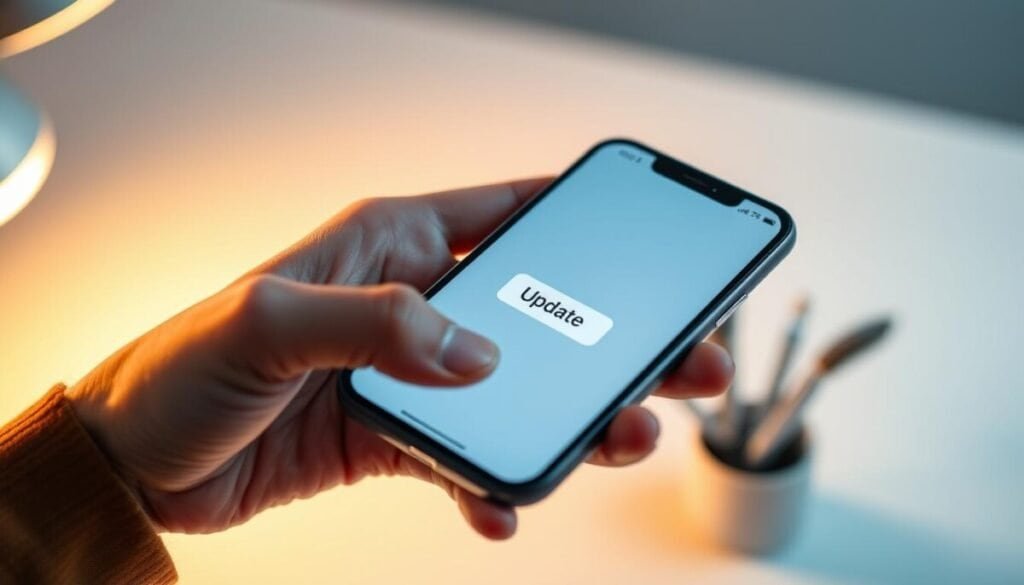 A high-quality, hyper-realistic close-up photograph of a person's hand holding a smartphone displaying the Instagram app's home screen, with the "Update" button prominently visible. The image should convey a sense of focus and attention, with a clean, well-lit background that subtly suggests a modern, minimalist office or home setting. The lighting should be soft and directional, highlighting the details of the smartphone screen and the person's hand. The composition should be carefully balanced, drawing the viewer's eye to the update button as the central subject.
