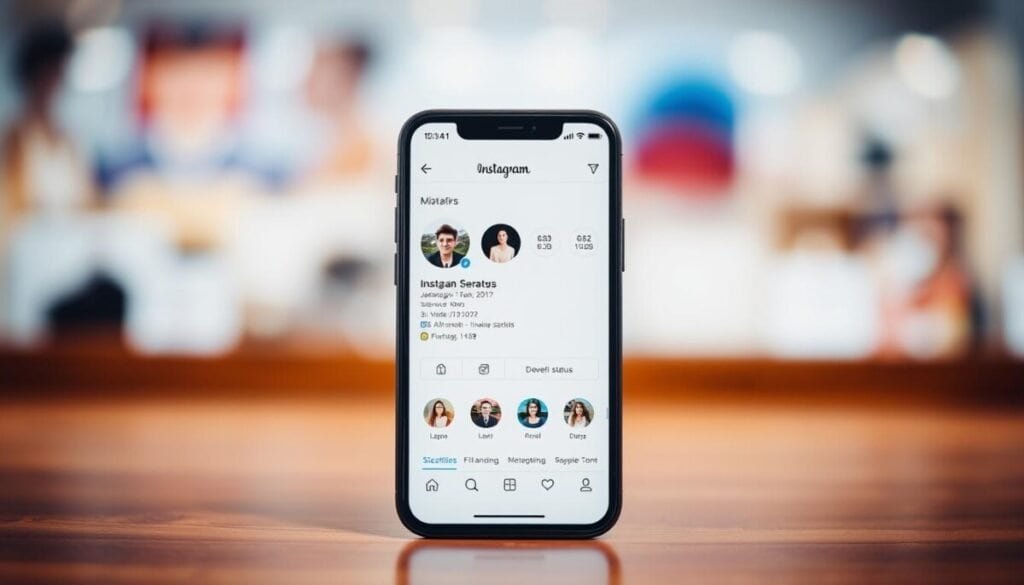 A high-quality, hyper-realistic image of a smartphone screen displaying the Instagram account status interface. The screen is set against a blurred, out-of-focus background, creating a depth of field effect and emphasizing the central focus on the app. The interface features the Instagram logo, profile picture, username, account status message, and various menu options. The lighting is natural and evenly distributed, creating a crisp, clear image. The camera angle is slightly elevated, providing a direct, front-facing view of the smartphone screen. The overall mood is one of calm and focus, reflecting the informative nature of the subject matter.