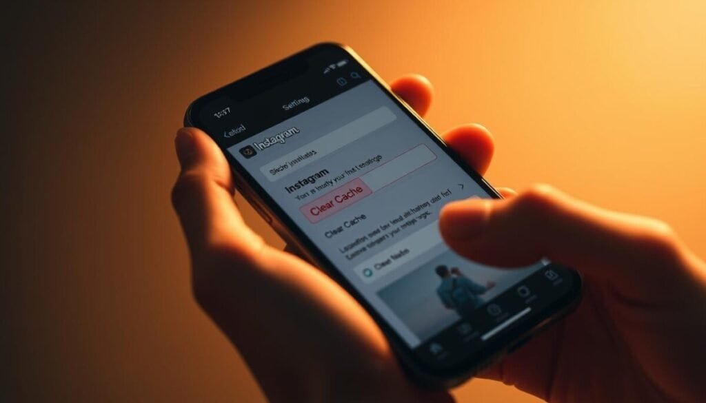 A high-quality, hyper-realistic photograph of a smartphone screen displaying the Instagram app settings menu, with the "Clear Cache" option prominently highlighted. The screen is illuminated by a warm, focused light, casting soft shadows and creating a sense of depth. The smartphone is held in a natural, hand-held position, allowing the viewer to clearly see the detailed interface and the user's fingers interacting with the screen. The overall composition is clean, well-balanced, and emphasizes the specific action of clearing the Instagram app cache as the central focus of the image.