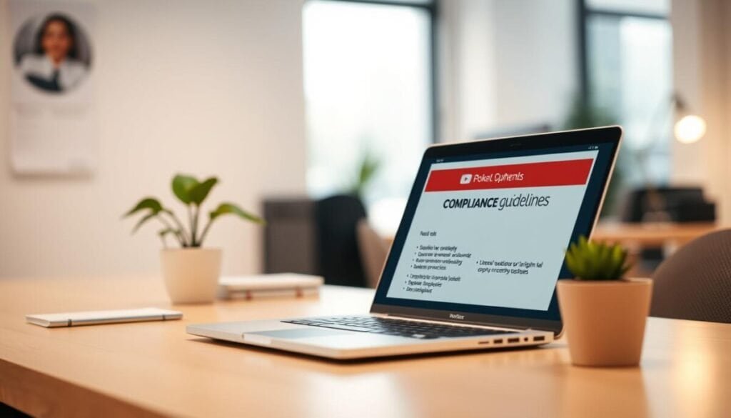 A high-quality office workspace with a minimalist aesthetic, featuring a neatly organized desk, a potted plant, and a laptop displaying compliance guidelines for monetization. Soft, warm lighting illuminates the scene, creating a professional and focused atmosphere. The background is blurred, drawing the viewer's attention to the desk area. The scene conveys a sense of diligence, attention to detail, and adherence to best practices for content creators seeking to monetize their work. A high-quality office workspace with a minimalist aesthetic, featuring a neatly organized desk, a potted plant, and a laptop displaying compliance guidelines for monetization. Soft, warm lighting illuminates the scene, creating a professional and focused atmosphere. The background is blurred, drawing the viewer's attention to the desk area. The scene conveys a sense of diligence, attention to detail, and adherence to best practices for content creators seeking to monetize their work.