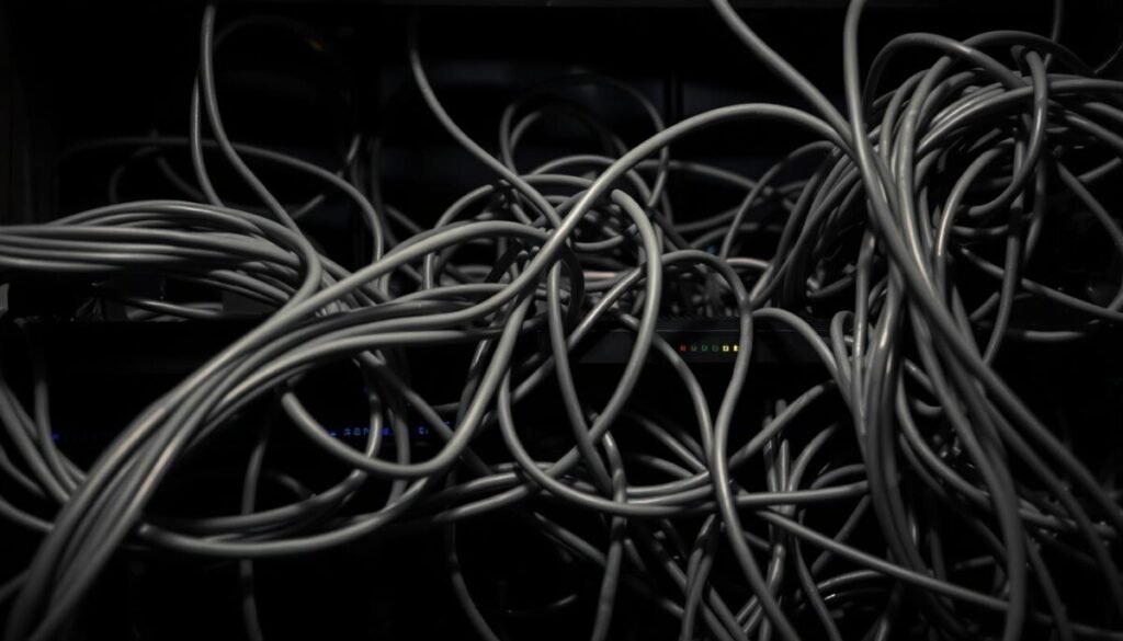A high-resolution, hyper-realistic photo of a tangled web of network cables, routers, and modems against a dimly lit background. The cables are in various shades of gray and black, with their individual strands visible. The routers and modems are sleek, modern devices in shades of black and silver, their status lights blinking intermittently. The lighting is soft and moody, creating shadows and highlights that add depth and texture to the scene. The overall impression is one of a complex, interconnected system that is vital for maintaining a stable internet connection, yet can also be the source of frustration when it fails to function properly.