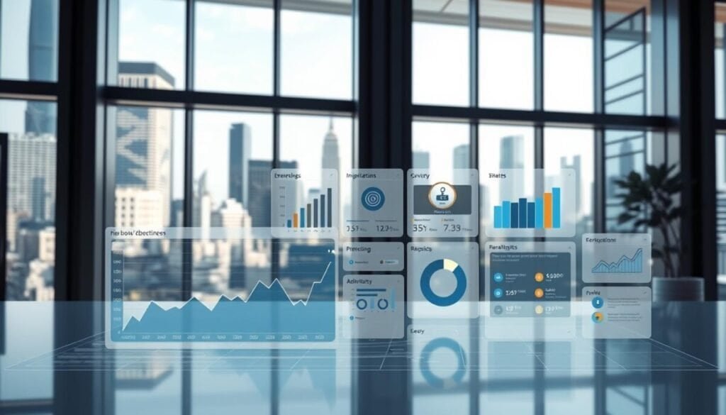 A high-resolution, hyper-realistic photograph of a digital marketing dashboard displaying key engagement optimization strategies. The foreground features an interactive graph tracking user interactions and activity metrics. In the middle ground, various analytic tools and performance indicators are prominently displayed, providing data-driven insights. The background showcases a sleek, minimalist office environment with large windows overlooking a bustling urban skyline, evoking a sense of productivity and innovation. The lighting is crisp and well-balanced, highlighting the clarity and precision of the digital interface. The overall mood conveys a modern, tech-savvy aesthetic suitable for illustrating strategies to boost LinkedIn post visibility and user engagement.