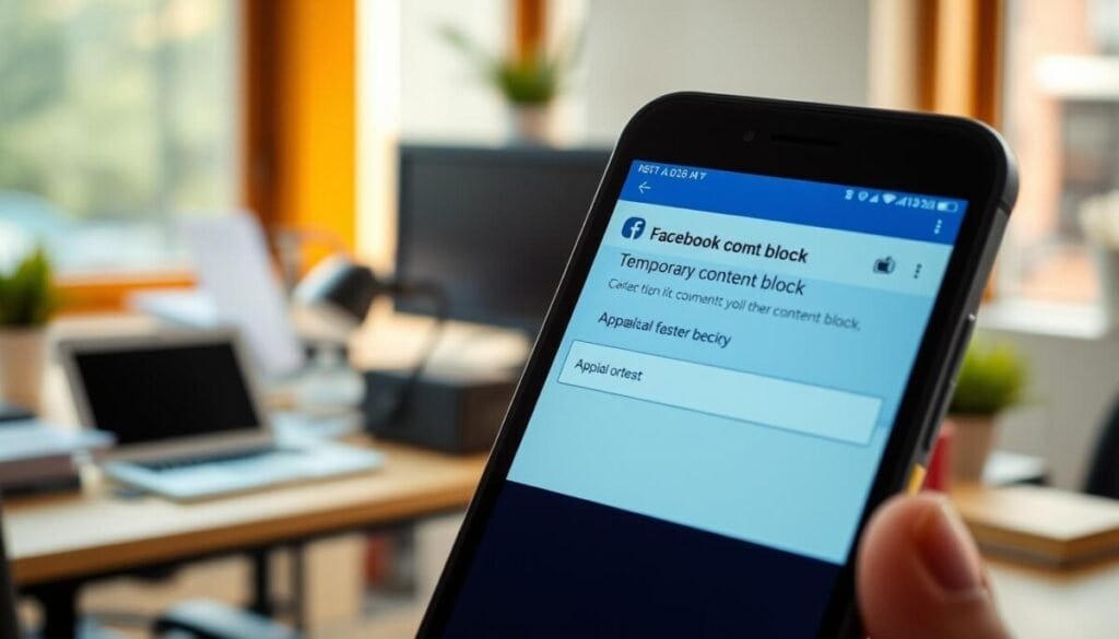 A high-resolution, hyper-realistic photograph of a smartphone screen displaying a Facebook notification about a temporary content block, with a focused foreground, a blurred background of a typical office workspace, and warm, natural lighting from a nearby window. The notification panel showcases a clear, concise message regarding the restricted access, along with options to appeal the decision. The overall scene conveys a sense of frustration and the immediate need to address the challenge of managing the temporary block.