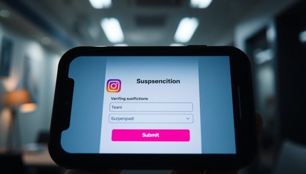 A high-resolution, hyper-realistic photograph of a smartphone screen displaying a suspension notification interface. The foreground features the verification process, with fields for entering personal information and an emphasized "Submit" button. The middle ground showcases the Instagram app icon and logo, conveying the context of the suspended account. The background depicts a dimly lit, blurred office environment, creating a sense of tension and urgency. Soft, directional lighting illuminates the screen, casting subtle shadows and highlighting the digital interface elements. The overall mood is one of concern and the need for a swift resolution to the account suspension. A high-resolution, hyper-realistic photograph of a smartphone screen displaying a suspension notification interface. The foreground features the verification process, with fields for entering personal information and an emphasized "Submit" button. The middle ground showcases the Instagram app icon and logo, conveying the context of the suspended account. The background depicts a dimly lit, blurred office environment, creating a sense of tension and urgency. Soft, directional lighting illuminates the screen, casting subtle shadows and highlighting the digital interface elements. The overall mood is one of concern and the need for a swift resolution to the account suspension.