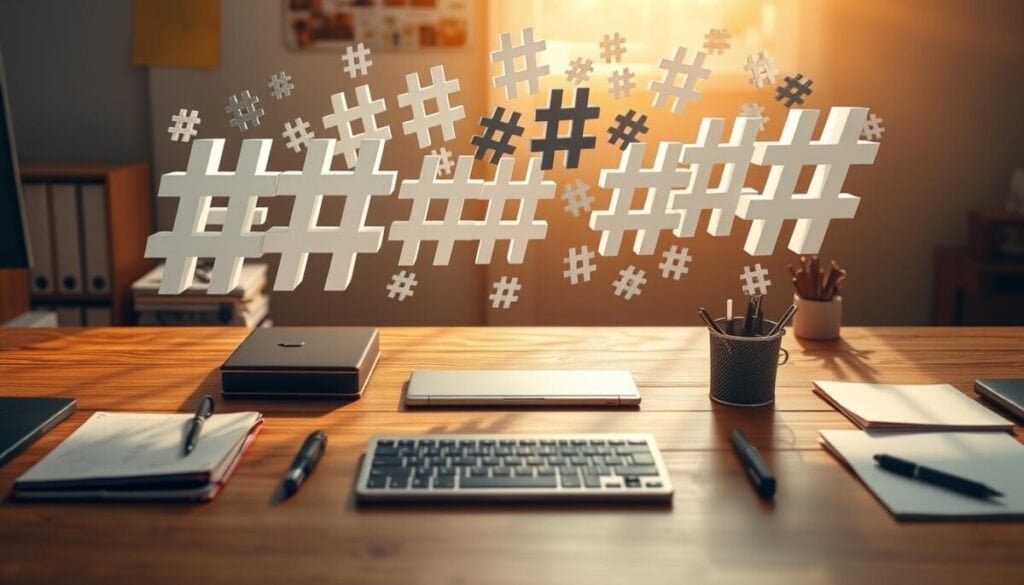 A high-resolution, hyper-realistic photograph of a strategically arranged array of hashtags floating above a meticulously organized workspace. The hashtags, rendered in a clean, modern typeface, are presented in a visually striking, three-dimensional arrangement, with some tags positioned in the foreground, others in the middle ground, and a few receding into the background, creating a sense of depth and complexity. The workspace is illuminated by a warm, natural light, casting soft shadows and highlighting the textural details of the surface. The overall composition conveys a sense of focus, organization, and the power of effective hashtag usage to amplify social media presence and engagement. A high-resolution, hyper-realistic photograph of a strategically arranged array of hashtags floating above a meticulously organized workspace. The hashtags, rendered in a clean, modern typeface, are presented in a visually striking, three-dimensional arrangement, with some tags positioned in the foreground, others in the middle ground, and a few receding into the background, creating a sense of depth and complexity. The workspace is illuminated by a warm, natural light, casting soft shadows and highlighting the textural details of the surface. The overall composition conveys a sense of focus, organization, and the power of effective hashtag usage to amplify social media presence and engagement.