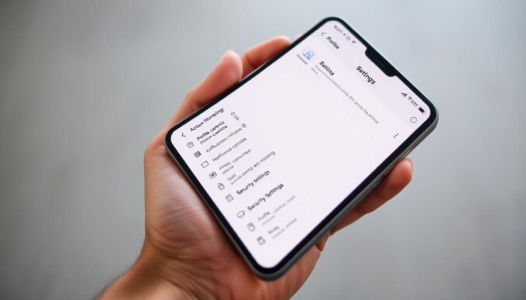 A high-resolution, hyper-realistic photograph of an Instagram account settings screen on a sleek, modern smartphone. The screen displays various options and settings such as profile information, privacy controls, notification preferences, and security settings. The interface is clean, minimalist, and intuitive, with a muted color palette and subtle gradients. The phone is held in a natural, hand-held position, capturing the screen at a slight angle to provide depth and perspective. The background is blurred, creating a shallow depth of field and drawing the viewer's attention to the detailed, high-fidelity display of the Instagram settings interface.