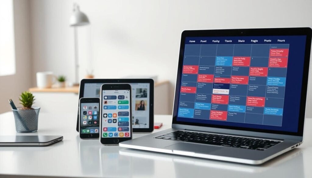 A high-resolution, hyper-realistic photographic scene depicting a well-organized social media posting schedule. In the foreground, a sleek, modern digital calendar displays a meticulously planned schedule of social media content, with various icons and color-coded entries. The middle ground features an array of electronic devices, such as a smartphone, tablet, and laptop, showcasing different social media platforms. The background is a minimalist, well-lit workspace with subtle hints of productivity, such as a desk, office supplies, and a plant. The overall atmosphere conveys a sense of efficiency, organization, and a strategic approach to social media content management. A high-resolution, hyper-realistic photographic scene depicting a well-organized social media posting schedule. In the foreground, a sleek, modern digital calendar displays a meticulously planned schedule of social media content, with various icons and color-coded entries. The middle ground features an array of electronic devices, such as a smartphone, tablet, and laptop, showcasing different social media platforms. The background is a minimalist, well-lit workspace with subtle hints of productivity, such as a desk, office supplies, and a plant. The overall atmosphere conveys a sense of efficiency, organization, and a strategic approach to social media content management.