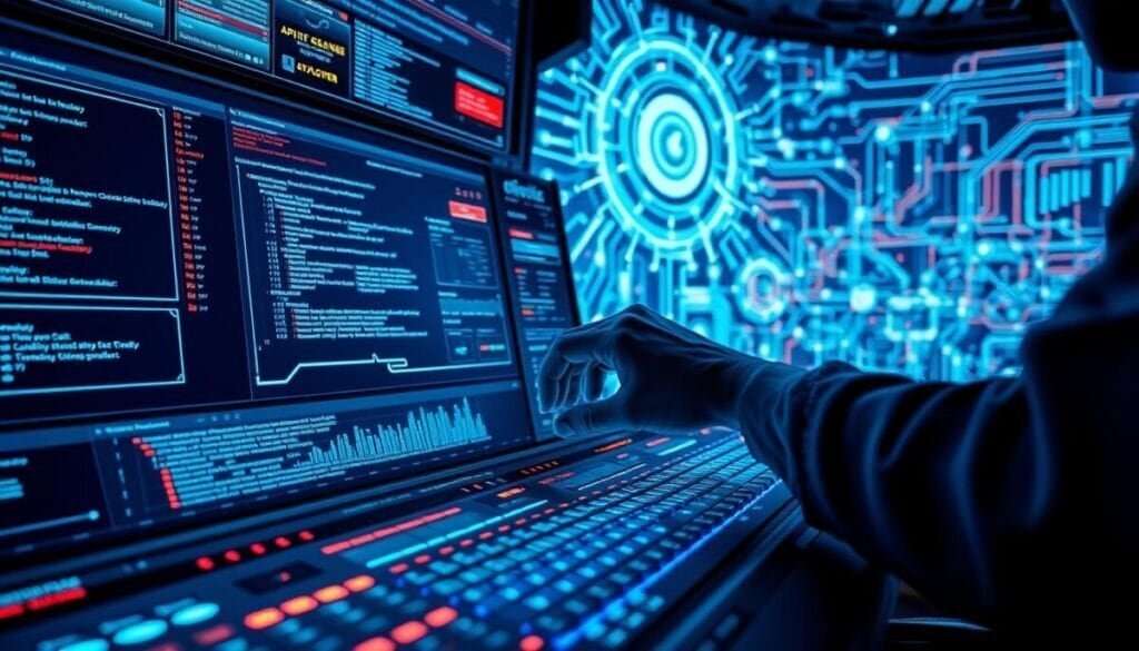 A high-tech control panel filled with diagnostic screens and error messages, illuminated by a cool, cyberpunk glow. In the foreground, a developer's hands delicately manipulate lines of code, searching for the solution to an API error. The middle ground features a sleek, futuristic user interface, with graphs and visualizations offering insights into the problem. In the background, a complex network of data streams and connections pulsates with energy, hinting at the intricate web of systems at play. The lighting is dramatic, with harsh shadows and highlights that convey a sense of urgency and technical precision. The overall atmosphere is one of focus, problem-solving, and the relentless pursuit of a digital solution.
