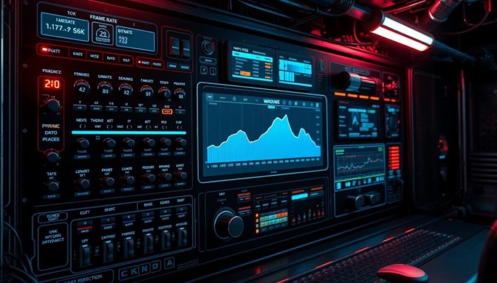 A high-tech control panel showcasing an array of video optimization settings, bathed in a cool, neon-tinted ambiance. Precise sliders and toggles adjust parameters like frame rate, bitrate, resolution, and codec, as sleek holographic displays present real-time performance metrics. Intricate circuit patterns and futuristic UI elements create a sense of technological sophistication, while subtle industrial textures lend a pragmatic, engineering-focused atmosphere. Dramatic backlighting casts dramatic shadows, accentuating the complexity of the system and the precision required to fine-tune video specifications for optimal performance.
