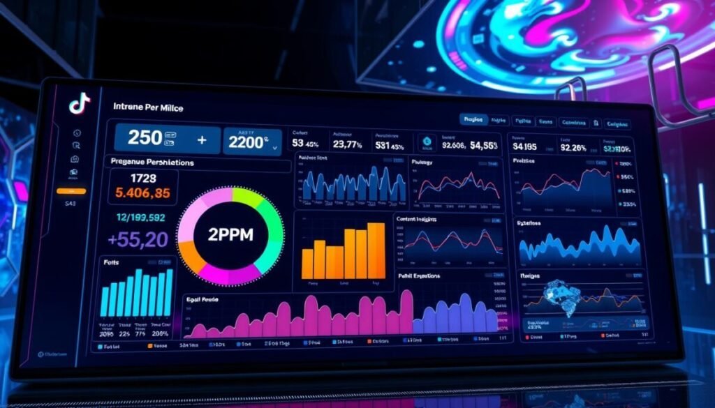A high-tech dashboard displaying intricate TikTok performance metrics, presented against a sleek, futuristic backdrop. The foreground showcases a central RPM (Revenue Per Mille) calculation chart, its vibrant colors and dynamic visualizations providing a clear, data-driven overview. In the middle ground, various analytical graphs and statistics flutter across the screen, painting a comprehensive picture of content engagement, audience insights, and monetization trends. The background is a captivating blend of holographic panels, subtle neon accents, and a dynamic data visualization landscape, creating an immersive, technologically advanced atmosphere. Soft, balanced lighting illuminates the scene, emphasizing the precision and sophistication of the TikTok analytics ecosystem. A high-tech dashboard displaying intricate TikTok performance metrics, presented against a sleek, futuristic backdrop. The foreground showcases a central RPM (Revenue Per Mille) calculation chart, its vibrant colors and dynamic visualizations providing a clear, data-driven overview. In the middle ground, various analytical graphs and statistics flutter across the screen, painting a comprehensive picture of content engagement, audience insights, and monetization trends. The background is a captivating blend of holographic panels, subtle neon accents, and a dynamic data visualization landscape, creating an immersive, technologically advanced atmosphere. Soft, balanced lighting illuminates the scene, emphasizing the precision and sophistication of the TikTok analytics ecosystem.