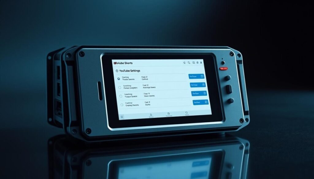 A high-tech, hyper realistic photo of a sleek, futuristic-looking "Shorts monetization module". The module is composed of a central touchscreen display surrounded by a metallic chassis with various ports, buttons, and indicator lights. The screen shows a clean, intuitive interface for managing YouTube Shorts monetization settings. The module is illuminated by cool-toned, directional lighting that creates dramatic shadows and highlights the clean, minimalist design. The module is positioned on a reflective, black surface, giving it a sense of depth and high-end aesthetic. The overall scene conveys a sense of technological sophistication and the importance of optimizing Shorts monetization for content creators.