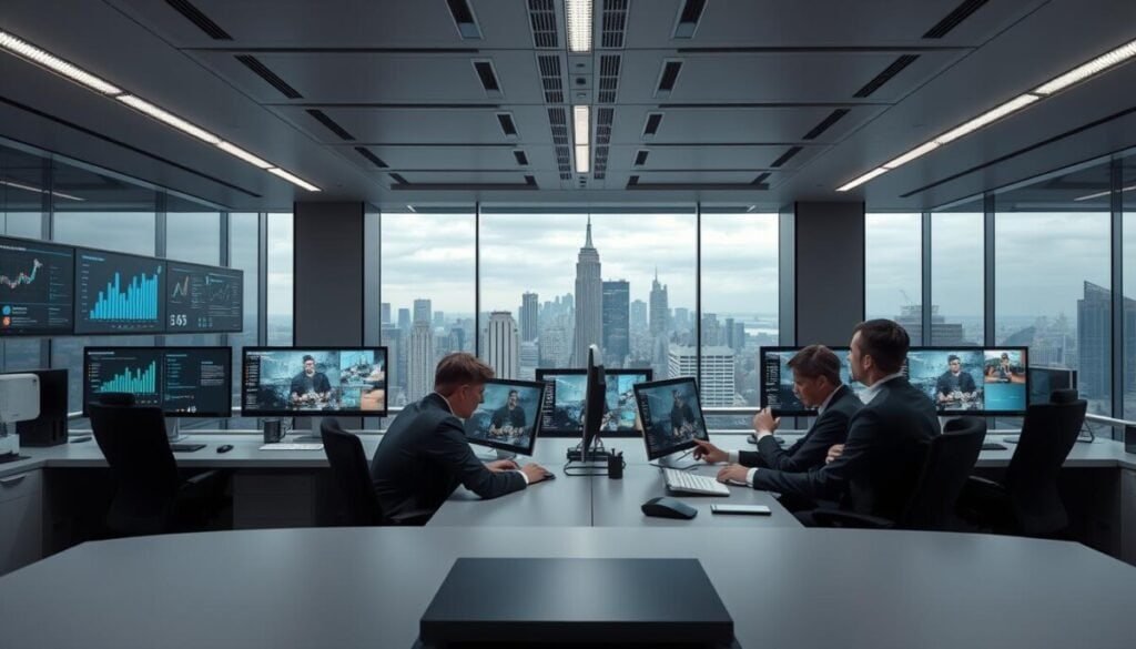 A high-tech office interior with a large desk and computer monitors displaying various TikTok analytics and content moderation tools. In the foreground, a team of professionals in formal attire review video content, collaborating intently. The middle ground features a sleek, minimalist aesthetic with clean lines and muted tones. The background showcases a panoramic city skyline, conveying a sense of scale and the global reach of the platform. Soft, directional lighting from overhead fixtures casts a professional, authoritative ambiance, while the camera angle suggests an elevated perspective, as if observing the TikTok compliance process from above.