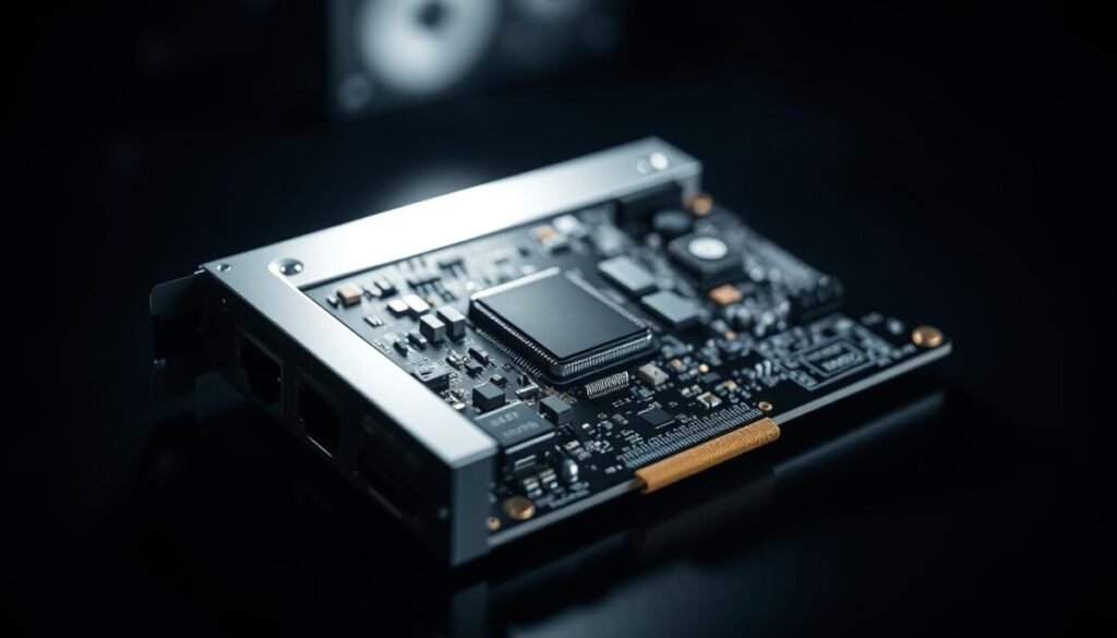 A highly detailed, hyper-realistic photograph of a Shorts monetization module. The module is shown in the center foreground, with a sleek and modern design, featuring a series of intricate circuits, microchips, and input/output ports. The lighting is sharp and directional, casting dramatic shadows and highlights that accentuate the module's intricate components. The background is blurred, creating a sense of depth and focus on the module itself. The overall atmosphere is one of technological sophistication and precision, reflecting the complex inner workings of the Shorts monetization system.