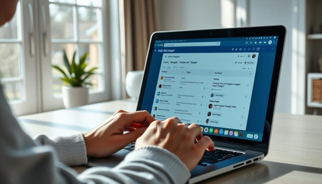 A highly detailed, hyper-realistic photograph of a person troubleshooting Facebook Ads Manager on a laptop. The scene is set in a modern, minimalist home office with natural lighting streaming in through large windows. The laptop screen displays the Ads Manager dashboard, with various tools and settings visible. The person is intently focused, brow furrowed, as they navigate the complex software, searching for the root cause of the issue. The image conveys a sense of frustration and determination, reflecting the challenges of troubleshooting digital marketing tools. The composition emphasizes the person's hands on the keyboard and the laptop screen, drawing the viewer's attention to the task at hand.