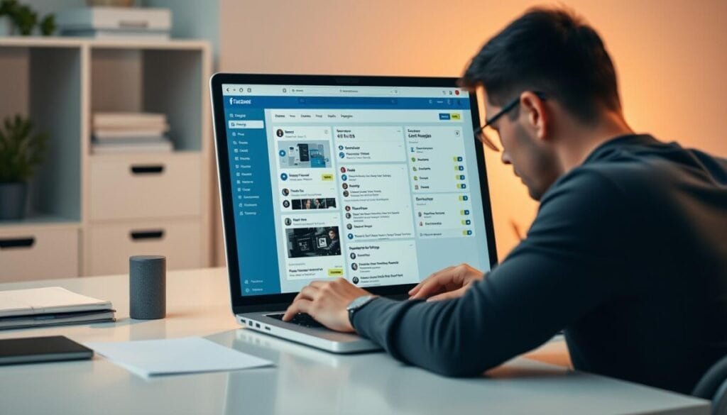 A highly detailed, hyper-realistic photograph of a person troubleshooting Facebook Ads Manager on a laptop screen. The screen displays various Facebook Ads Manager tools and settings. The person's face is visible, with a focused expression as they carefully navigate the interface. The laptop is placed on a clean, organized desk with a minimalist, professional setup. Warm, indirect lighting creates a calming, productive atmosphere. The overall scene conveys a sense of problem-solving, expertise, and preventive measures to avoid future loading issues with Facebook Ads.