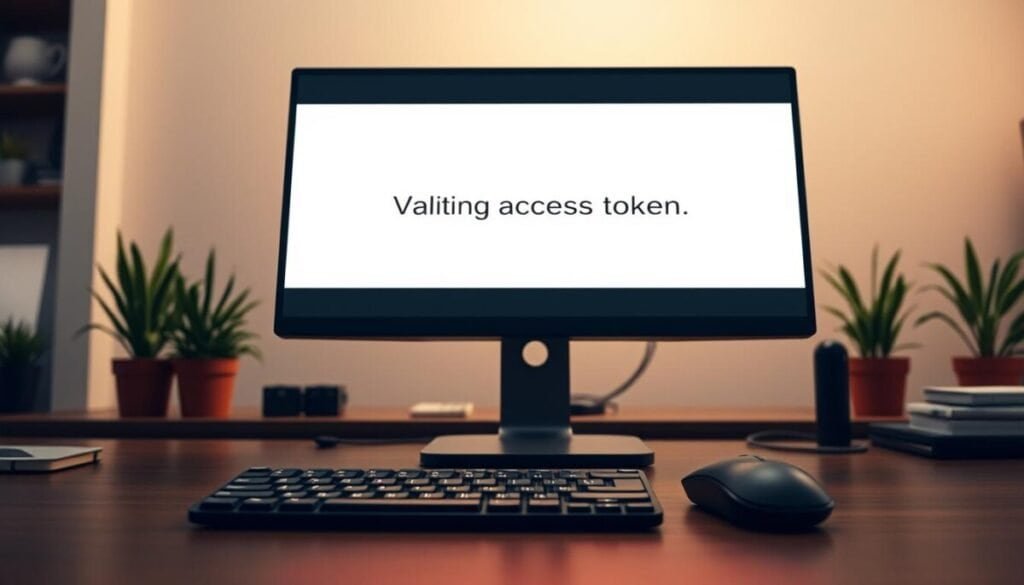 A highly detailed, photorealistic image of a computer screen displaying the "Validating access token" error message. The screen is illuminated by a warm, soft light, casting subtle shadows on the desk surface. The keyboard and mouse are visible in the foreground, slightly out of focus, drawing the viewer's attention to the central error message. The background is a minimalist office setting, with a few potted plants and office supplies visible, conveying a sense of professionalism and productivity. The overall mood is one of mild frustration, with the error message standing out as the focal point of the scene.