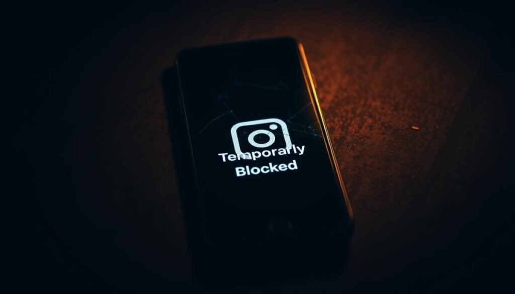A highly detailed, photorealistic image of a smartphone display showing the Instagram logo and a message reading "You're Temporarily Blocked". The screen is slightly cracked and the UI elements have a worn, slightly faded appearance, conveying a sense of frustration and annoyance. The display is set against a dimly lit, gritty background, with soft shadows and highlights that create a moody, dramatic atmosphere. The composition places the smartphone display in the center, with the edges slightly blurred to draw the eye inward. The lighting is a mix of warm and cool tones, creating a sense of tension and unease. The overall tone is one of irritation and inconvenience, reflecting the experience of being unexpectedly blocked from engaging with the popular social media platform.