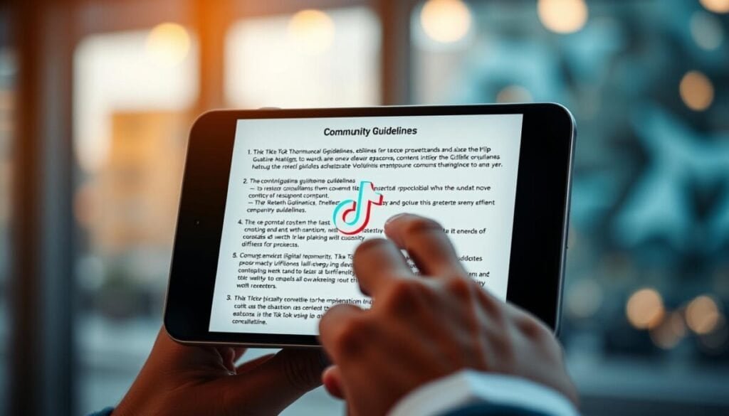 A hyper-realistic, high-definition photograph depicting the concept of "TikTok community guidelines compliance". In the foreground, a person's hand carefully navigates through a digital interface, exploring a set of clear and concise community guidelines displayed on a sleek, modern device. The middle ground features a stylized TikTok logo, subtly integrated into the design, emphasizing the platform's commitment to responsible content creation. In the background, a softly blurred cityscape or abstract pattern creates a sense of depth and context, conveying the broader impact of adhering to platform policies. Warm, natural lighting illuminates the scene, fostering a sense of transparency and trust. The overall atmosphere is one of thoughtful engagement, digital literacy, and a harmonious balance between user expression and community standards. A hyper-realistic, high-definition photograph depicting the concept of "TikTok community guidelines compliance". In the foreground, a person's hand carefully navigates through a digital interface, exploring a set of clear and concise community guidelines displayed on a sleek, modern device. The middle ground features a stylized TikTok logo, subtly integrated into the design, emphasizing the platform's commitment to responsible content creation. In the background, a softly blurred cityscape or abstract pattern creates a sense of depth and context, conveying the broader impact of adhering to platform policies. Warm, natural lighting illuminates the scene, fostering a sense of transparency and trust. The overall atmosphere is one of thoughtful engagement, digital literacy, and a harmonious balance between user expression and community standards.