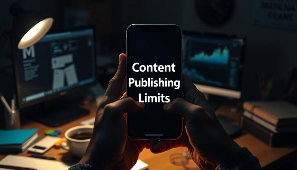 A hyper-realistic image of a smartphone screen displaying the text "Content Publishing Limits" against a backdrop of a dark, moody office setting. The screen is illuminated, casting a warm glow on the user's hands holding the device. The desktop features a cluttered workspace with various office supplies, a cup of coffee, and a computer monitor displaying analytical data. The lighting is dramatic, creating deep shadows and highlights that accentuate the sense of frustration and the challenge of navigating publishing constraints. The overall composition conveys the feeling of being overwhelmed by the technical limitations and the need to find a solution to the problem. A hyper-realistic image of a smartphone screen displaying the text "Content Publishing Limits" against a backdrop of a dark, moody office setting. The screen is illuminated, casting a warm glow on the user's hands holding the device. The desktop features a cluttered workspace with various office supplies, a cup of coffee, and a computer monitor displaying analytical data. The lighting is dramatic, creating deep shadows and highlights that accentuate the sense of frustration and the challenge of navigating publishing constraints. The overall composition conveys the feeling of being overwhelmed by the technical limitations and the need to find a solution to the problem.