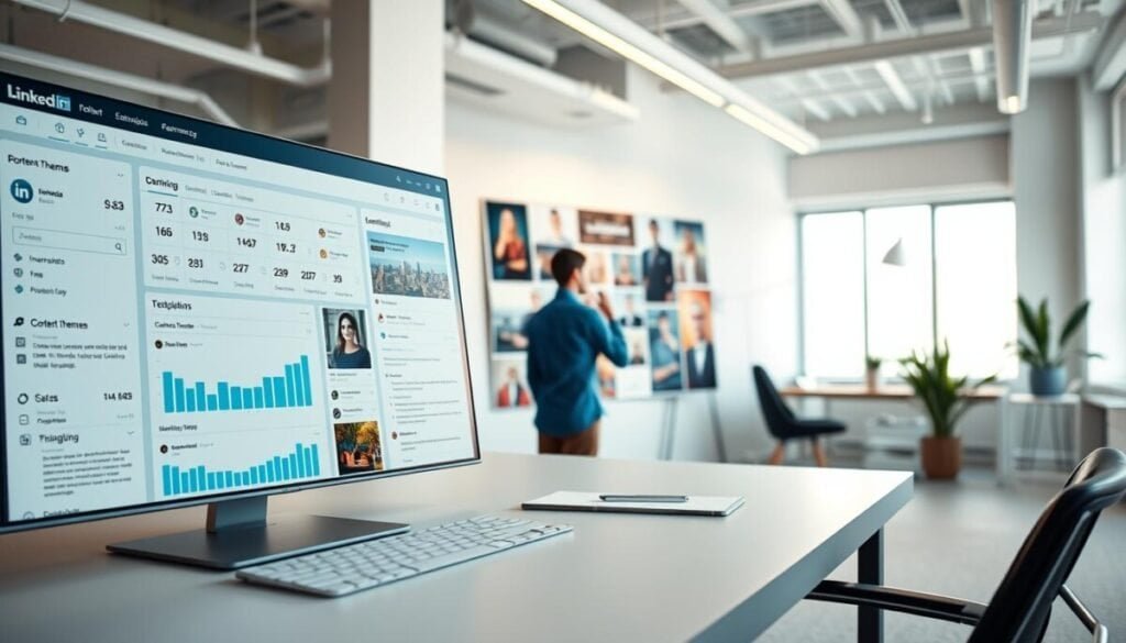 A hyper-realistic photo depicting a thoughtful and strategic content strategy for LinkedIn. In the foreground, a carefully curated social media dashboard showcases performance metrics, content themes, and scheduling tools. In the middle ground, a person ponders new content ideas, surrounded by a mood board of inspirational visuals. The background features a sleek, modern office space with clean lines and minimalist decor, bathed in warm, natural lighting that enhances the contemplative atmosphere. The overall scene conveys a sense of intentionality, data-driven decision making, and a focus on creating high-quality, engaging content for the professional social network. A hyper-realistic photo depicting a thoughtful and strategic content strategy for LinkedIn. In the foreground, a carefully curated social media dashboard showcases performance metrics, content themes, and scheduling tools. In the middle ground, a person ponders new content ideas, surrounded by a mood board of inspirational visuals. The background features a sleek, modern office space with clean lines and minimalist decor, bathed in warm, natural lighting that enhances the contemplative atmosphere. The overall scene conveys a sense of intentionality, data-driven decision making, and a focus on creating high-quality, engaging content for the professional social network.