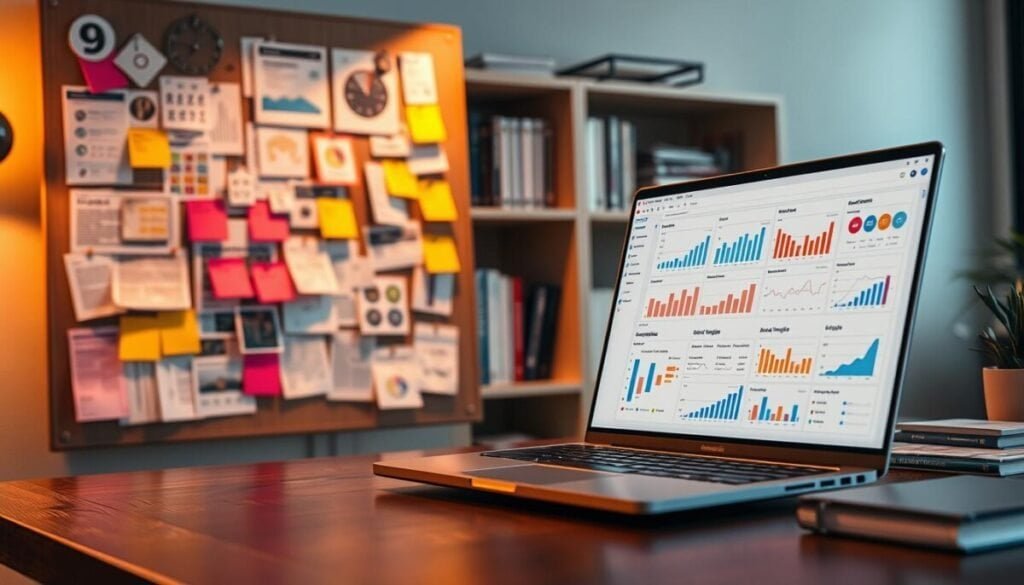 A hyper realistic photo of a content audit strategy, showcasing a meticulously organized workspace. In the foreground, a tactile mood board displays a collage of digital analytics, marketing reports, and user insights, pinned with vibrant sticky notes. In the middle ground, a sleek laptop displays an intuitive dashboard, with charts and graphs visualizing key performance metrics. The background features a minimalist bookshelf, housing relevant industry publications and well-worn strategy guides, illuminated by warm, directional lighting. The overall atmosphere conveys a sense of intentionality, efficiency, and a relentless pursuit of optimizing digital content.