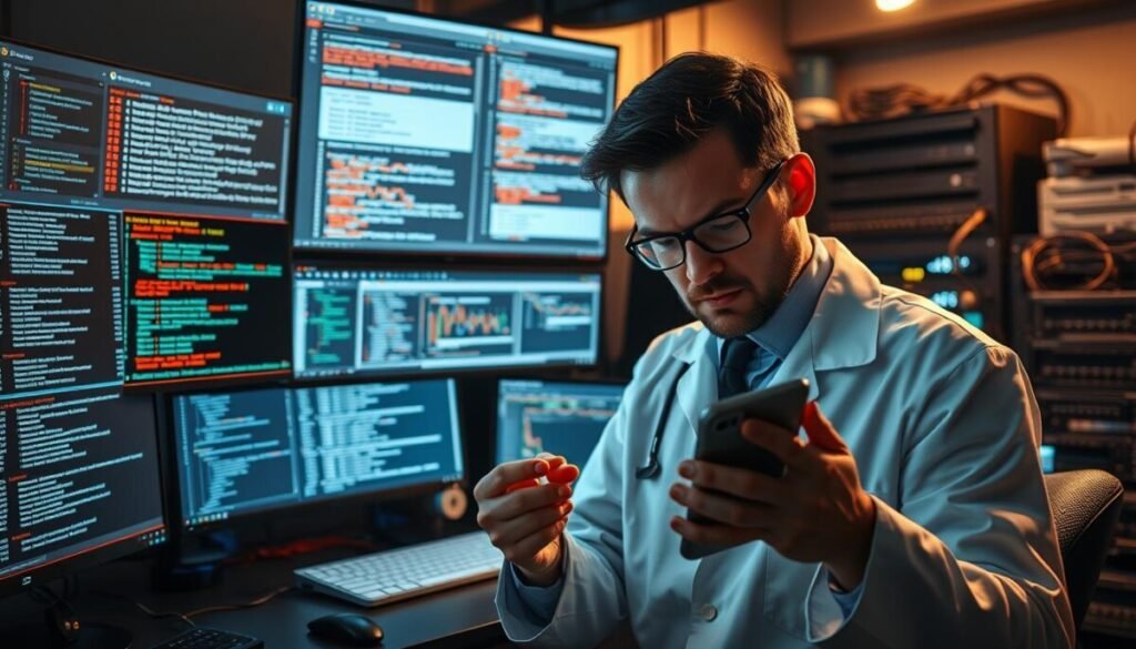 A hyper-realistic photo of an advanced troubleshooting setup for resolving Instagram post upload issues. The scene depicts a tech workspace with multiple monitors displaying error logs, network traffic analysis, and software diagnostics. In the foreground, a technician in a lab coat examines a smartphone with a furrowed brow, while the background showcases a server rack, network switches, and an array of specialized tools and equipment. Dramatic studio lighting casts shadows and highlights the intensity of the troubleshooting process. The overall atmosphere conveys a sense of focus, problem-solving, and the technical expertise required to overcome complex upload challenges.