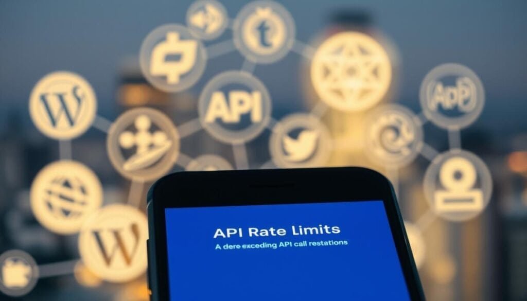 A hyper-realistic photograph depicting the concept of API rate limits. The foreground features a close-up of a smartphone display, showing a warning message about exceeding API call restrictions. The middle ground showcases various web application icons and API logos, conveying the interconnected nature of digital services. The background subtly fades into a blurred cityscape, symbolizing the broader technological landscape in which these API interactions occur. The lighting is soft and directional, creating depth and emphasizing the digital elements. The overall tone is one of concern and caution, highlighting the importance of understanding and managing API rate limits. A hyper-realistic photograph depicting the concept of API rate limits. The foreground features a close-up of a smartphone display, showing a warning message about exceeding API call restrictions. The middle ground showcases various web application icons and API logos, conveying the interconnected nature of digital services. The background subtly fades into a blurred cityscape, symbolizing the broader technological landscape in which these API interactions occur. The lighting is soft and directional, creating depth and emphasizing the digital elements. The overall tone is one of concern and caution, highlighting the importance of understanding and managing API rate limits.