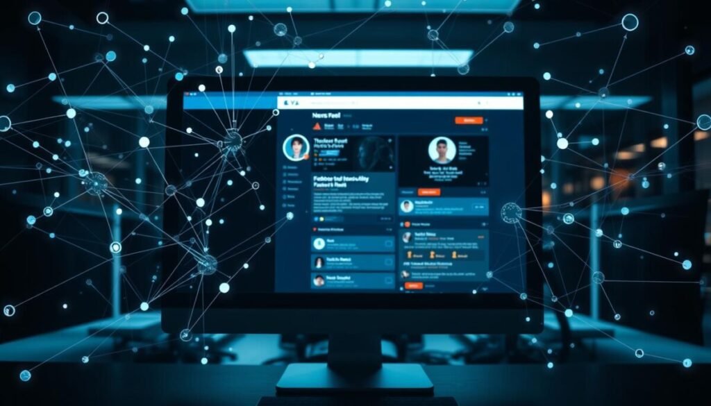 A hyper-realistic photograph of a Facebook news feed algorithm displayed on a computer screen. The foreground features a complex network of interconnected nodes, lines, and algorithms, representing the intricate decision-making processes that determine the content displayed on a user's feed. The middle ground showcases a user's profile, with their posts and interactions being processed and evaluated by the algorithm. The background depicts a dimly lit office environment, with the glow of the screen illuminating the scene, creating a sense of mystery and complexity surrounding the algorithm's inner workings. The lighting is subtle and moody, with a slight vignette effect to draw the viewer's attention to the central focus. The overall composition and attention to detail convey the power and influence of the Facebook news feed algorithm in shaping the online experiences of its users. A hyper-realistic photograph of a Facebook news feed algorithm displayed on a computer screen. The foreground features a complex network of interconnected nodes, lines, and algorithms, representing the intricate decision-making processes that determine the content displayed on a user's feed. The middle ground showcases a user's profile, with their posts and interactions being processed and evaluated by the algorithm. The background depicts a dimly lit office environment, with the glow of the screen illuminating the scene, creating a sense of mystery and complexity surrounding the algorithm's inner workings. The lighting is subtle and moody, with a slight vignette effect to draw the viewer's attention to the central focus. The overall composition and attention to detail convey the power and influence of the Facebook news feed algorithm in shaping the online experiences of its users.