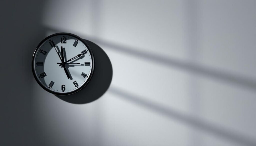 A hyper-realistic photograph of a clock dial, its hands meticulously rendered, casting long, dramatic shadows across a minimalist, gray-toned background. The shadows stretch and distort, suggesting the passage of time and the uncertain duration of a "shadowban" on a social media platform. The lighting is dramatic, with a single, directional light source casting sharp, angular shadows that convey a sense of unease and the unpredictable nature of this online phenomenon.