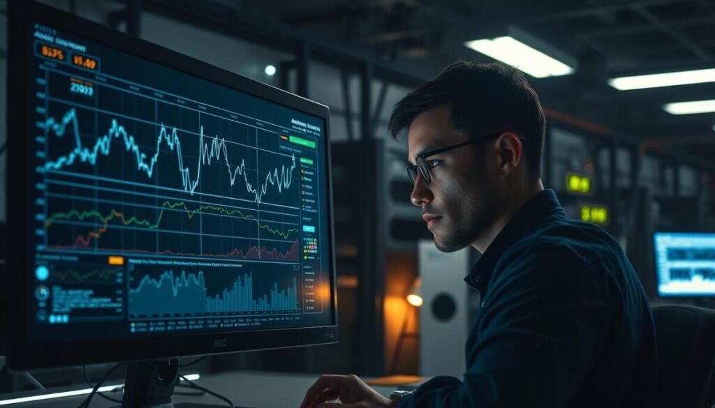 A hyper-realistic photograph of a computer desktop with a central focus on an algorithm visualization tool. The foreground displays intricate line graphs, data visualizations, and algorithmic adjustments being made in real-time. The middle ground features a focused developer scrutinizing the screen, their face illuminated by the glow of the monitor. The background showcases a dimly lit office environment, with subtle hints of technology - server racks, cables, and a sense of analytical intensity. The lighting is dramatic, creating deep shadows and highlights that emphasize the technical nature of the scene. The overall mood is one of deep concentration, problem-solving, and the impact of algorithm adjustments on digital platforms. A hyper-realistic photograph of a computer desktop with a central focus on an algorithm visualization tool. The foreground displays intricate line graphs, data visualizations, and algorithmic adjustments being made in real-time. The middle ground features a focused developer scrutinizing the screen, their face illuminated by the glow of the monitor. The background showcases a dimly lit office environment, with subtle hints of technology - server racks, cables, and a sense of analytical intensity. The lighting is dramatic, creating deep shadows and highlights that emphasize the technical nature of the scene. The overall mood is one of deep concentration, problem-solving, and the impact of algorithm adjustments on digital platforms.
