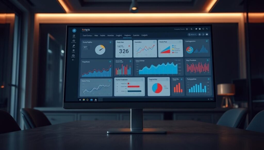 A hyper-realistic photograph of an engagement metrics analysis dashboard, displayed on a sleek modern computer monitor. The screen shows an array of dynamic charts, graphs, and data visualizations, meticulously crafted to provide deep insights into audience engagement on a professional social media platform. The foreground features a cursor hovering over key performance indicators, while the middle ground showcases a clean, minimalist user interface with intuitive controls. The background depicts a dimly lit, sophisticated office setting with muted tones, subtle lighting, and a sense of analytical focus. The overall mood conveys a high-level, data-driven approach to understanding and optimizing digital audience engagement. A hyper-realistic photograph of an engagement metrics analysis dashboard, displayed on a sleek modern computer monitor. The screen shows an array of dynamic charts, graphs, and data visualizations, meticulously crafted to provide deep insights into audience engagement on a professional social media platform. The foreground features a cursor hovering over key performance indicators, while the middle ground showcases a clean, minimalist user interface with intuitive controls. The background depicts a dimly lit, sophisticated office setting with muted tones, subtle lighting, and a sense of analytical focus. The overall mood conveys a high-level, data-driven approach to understanding and optimizing digital audience engagement.
