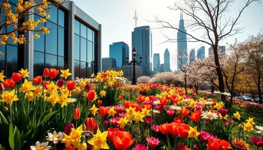 A lush, verdant springtime scene with a vibrant display of colorful flowers and foliage. In the foreground, an array of blooming tulips, daffodils, and cherry blossoms creates a captivating floral arrangement. The middle ground features a sleek, modern office building with large windows, bathed in warm, golden sunlight. In the background, a picturesque cityscape with towering skyscrapers and a clear, blue sky sets the scene. The overall atmosphere exudes a sense of renewal, progress, and the excitement of a new season's bonus program updates.