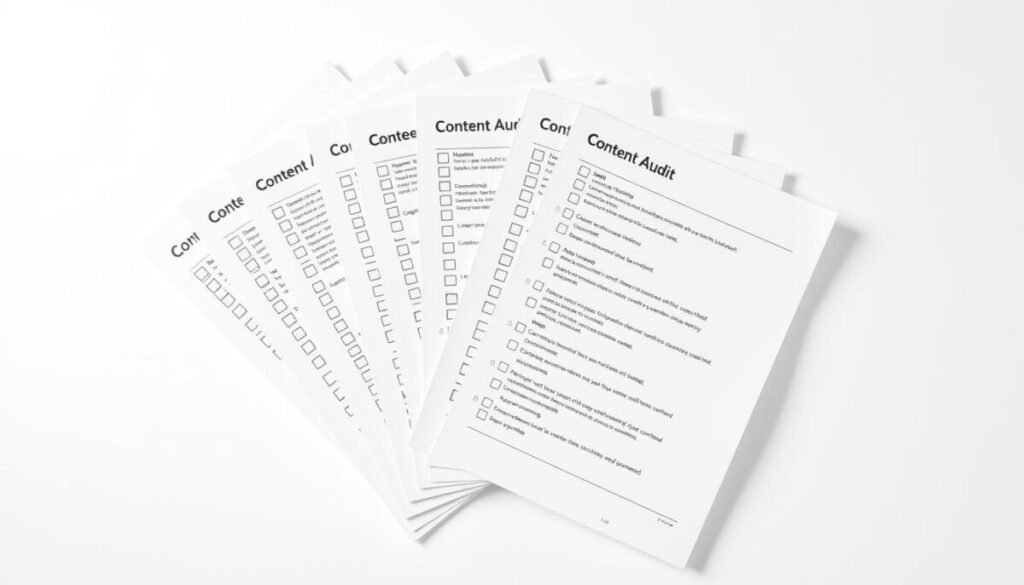 A meticulously crafted content audit checklist, its pages fanned out against a crisp, white background. The checklist is rendered in a clean, minimalist design, with neatly organized sections and checkboxes. The lighting is soft and diffused, creating a sense of focus and clarity. The overall mood is professional and efficient, reflecting the systematic nature of the task at hand. The checklist appears to be slightly angled, hinting at the diligent process of reviewing and evaluating content. The image conveys a sense of organization, attention to detail, and a commitment to improving the quality and performance of digital content.