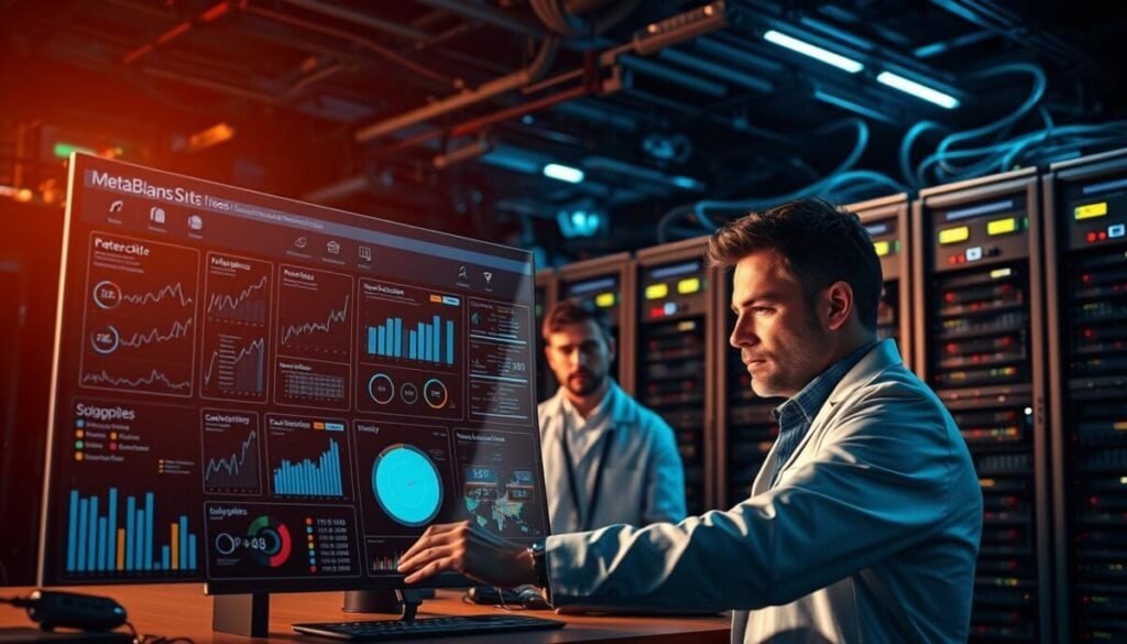 A meticulously designed diagnostic process for the Meta Business Suite, captured in a hyper-realistic photographic style. In the foreground, a stylized dashboard showcases various analytical metrics and performance indicators. The middle ground features a team of experts closely examining the data, their expressions intense with concentration. In the background, a vast array of servers and networking equipment hums with activity, conveying the complex technical infrastructure powering the suite. Dramatic lighting casts dramatic shadows, creating a sense of gravity and importance. The scene is shot from a slightly elevated angle, lending a sense of authority and oversight to the proceedings. A meticulously designed diagnostic process for the Meta Business Suite, captured in a hyper-realistic photographic style. In the foreground, a stylized dashboard showcases various analytical metrics and performance indicators. The middle ground features a team of experts closely examining the data, their expressions intense with concentration. In the background, a vast array of servers and networking equipment hums with activity, conveying the complex technical infrastructure powering the suite. Dramatic lighting casts dramatic shadows, creating a sense of gravity and importance. The scene is shot from a slightly elevated angle, lending a sense of authority and oversight to the proceedings.