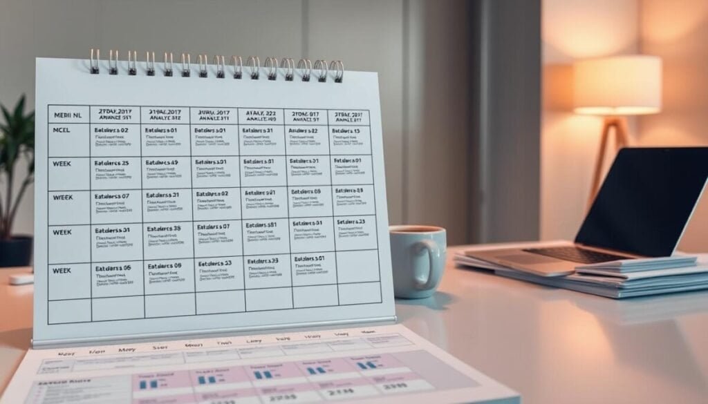 A meticulously designed strategic analytics review schedule, depicted as a hyper-realistic photo. In the foreground, a carefully organized calendar grid showcases a week-by-week breakdown of analytics review sessions. The middle ground features a sleek, minimalist desk setup with a laptop, coffee mug, and a neatly arranged stack of reports. In the background, a subtle, warm-toned office setting with clean lines and muted colors creates a professional, focused atmosphere. The image conveys a sense of efficiency, attention to detail, and a strategic approach to managing analytics data.
