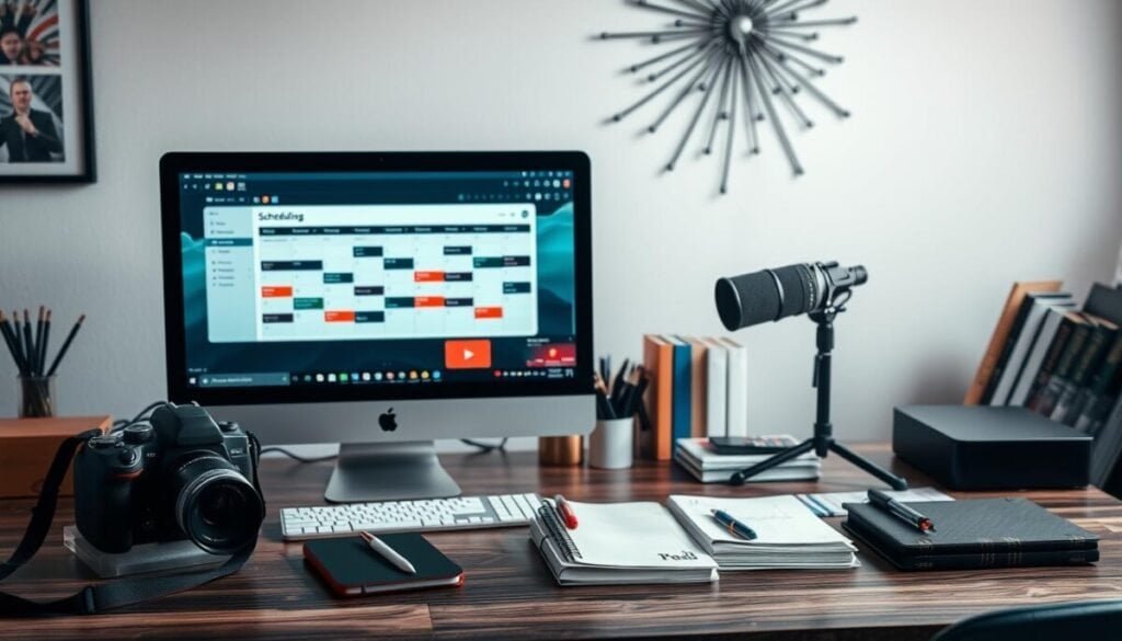 A meticulously designed workspace with an array of scheduling tools prominently displayed. The foreground features a sleek, modern desktop computer, its screen showcasing a visually appealing calendar app. Beside it, a high-quality camera and a professional-grade microphone stand, hinting at the diverse media production capabilities. The middle ground boasts a neatly organized collection of notebooks, pens, and other productivity accessories, suggesting a well-planned workflow. In the background, a subtle, minimalist wall decor complements the overall aesthetic, creating a harmonious and focused environment conducive to effective content scheduling and management.