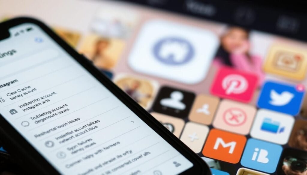 A meticulously detailed, hyper realistic image of an Instagram app interface displaying various troubleshooting options. In the foreground, a smartphone showcases the Instagram app's settings menu, highlighting options for resetting connections, clearing cache, and troubleshooting account issues. The middle ground features a stylized social media icon grid, with icons representing common problems like login errors, network issues, and sync failures. The background is a soft, blurred representation of the Instagram platform, conveying a sense of the broader social media ecosystem. Crisp lighting, a shallow depth of field, and a muted color palette lend an air of professionalism and problem-solving to the scene.