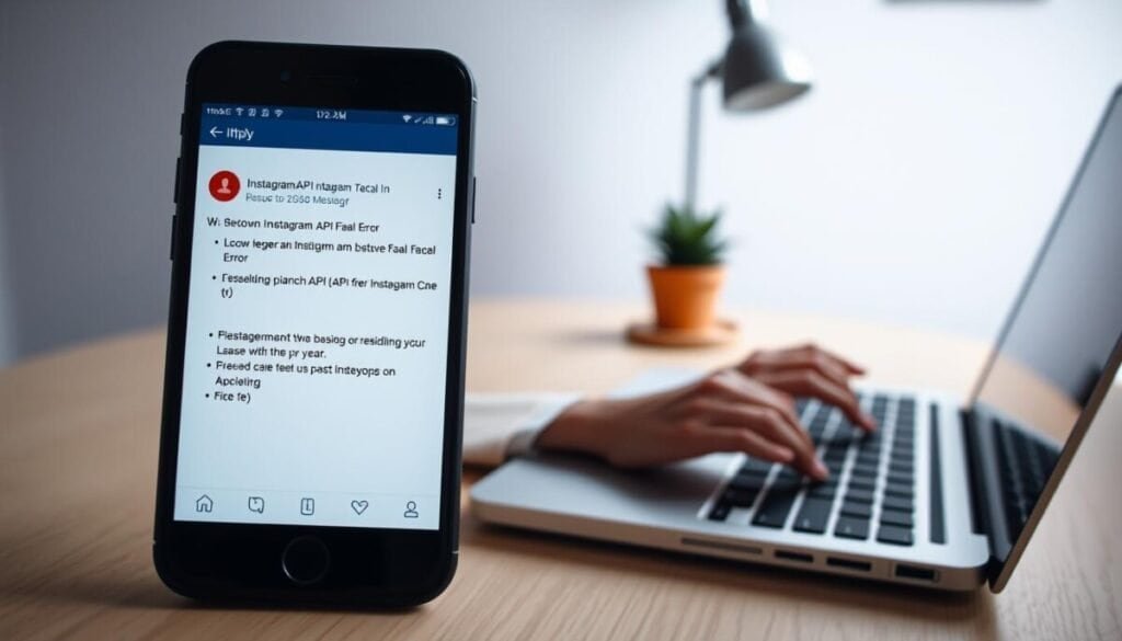 A meticulously detailed, hyper-realistic photograph of a step-by-step process for resolving an Instagram API fatal error issue. In the foreground, a smartphone screen displays the error message and troubleshooting steps. The middle ground features a person's hands typing on a laptop keyboard, while the background showcases a clean, minimalist workspace with a desk, desk lamp, and potted plant. The lighting is natural, soft, and evenly distributed, creating a calming and focused atmosphere. The entire scene is captured with a shallow depth of field, drawing the viewer's attention to the critical steps unfolding on the digital devices.