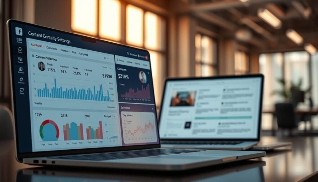 A meticulously detailed, hyper-realistic photograph showcasing an in-depth analysis of content visibility settings. In the foreground, a professional-grade digital dashboard displays granular data on post reach, impressions, and engagement metrics. In the middle ground, a sleek laptop screen shows a comprehensive overview of content optimization recommendations. The background features a minimalist office space with floor-to-ceiling windows, casting a warm, ambient light across the scene. The overall atmosphere conveys a sense of data-driven decision-making and a deep understanding of social media performance optimization.