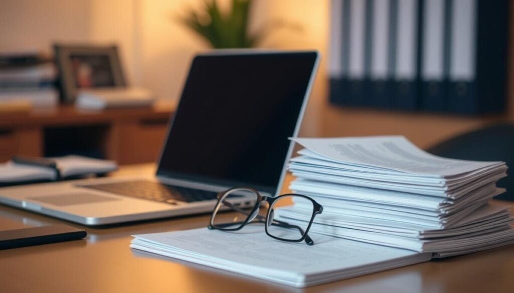 A meticulously organized desk with a laptop, a carefully arranged stack of papers, and a pair of glasses resting on top. The scene is bathed in warm, soft lighting, creating a calming and focused atmosphere. The background is blurred, drawing the viewer's attention to the foreground elements. The overall composition conveys a sense of intentionality and attention to detail, reflecting the "Best Practices for Avoiding Instagram API Errors" theme.
