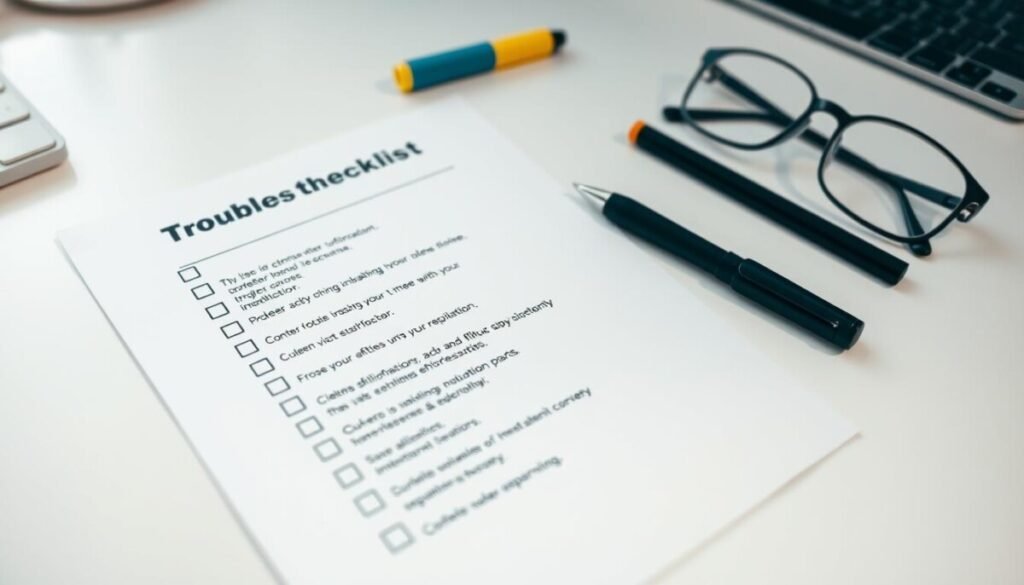 A meticulously organized troubleshooting checklist laid out on a clean, well-lit desk. The checklist, printed on crisp white paper, features a series of concise steps in a clear, legible font. Surrounding the checklist are neatly arranged office supplies - a sleek black pen, a highlighter, and a pair of reading glasses. The lighting, slightly soft and diffused, casts a warm, professional glow over the scene, emphasizing the attention to detail. The angle is slightly elevated, giving the viewer a sense of focus and purpose, as if they are about to embark on the troubleshooting process. The overall mood is one of efficiency, organization, and a methodical approach to resolving the issue at hand.