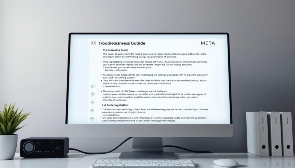 A meticulously rendered, photorealistic image of a desktop computer screen displaying a detailed troubleshooting guide for the Meta Business Suite. The screen shows step-by-step instructions, with clear icons and diagrams guiding the user through common error resolution processes. The display is crisp and well-lit, conveying a sense of professionalism and clarity. The computer desk is neatly organized, with a modern, minimalist design aesthetic. The overall scene exudes a calm, focused atmosphere, reflecting the systematic approach to solving technical issues with the Meta platform. A meticulously rendered, photorealistic image of a desktop computer screen displaying a detailed troubleshooting guide for the Meta Business Suite. The screen shows step-by-step instructions, with clear icons and diagrams guiding the user through common error resolution processes. The display is crisp and well-lit, conveying a sense of professionalism and clarity. The computer desk is neatly organized, with a modern, minimalist design aesthetic. The overall scene exudes a calm, focused atmosphere, reflecting the systematic approach to solving technical issues with the Meta platform.