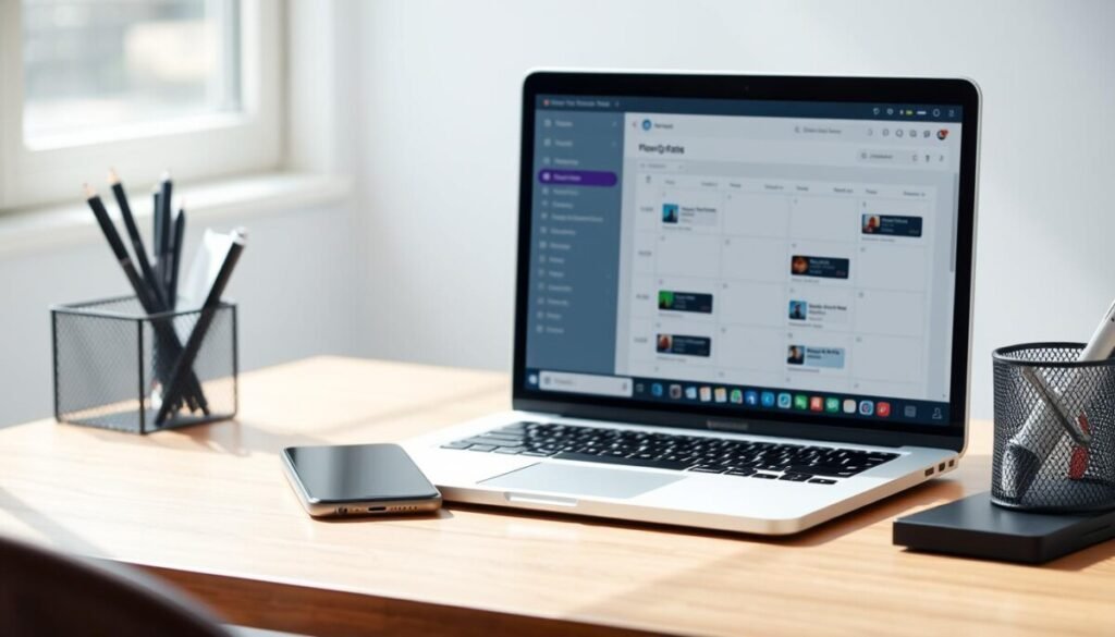A minimalist office desktop with a laptop, smartphone, and desk organizer in the foreground. The laptop screen displays a social media scheduling interface, showcasing a calendar of scheduled posts. The smartphone rests on the desk, its screen mirroring the laptop's content. Crisp, natural lighting filters in from a nearby window, casting soft shadows and highlighting the clean, organized workspace. The background is blurred, emphasizing the focus on the tech devices and their interconnected scheduling capabilities. The scene conveys a sense of productivity and efficiency in managing social media content.