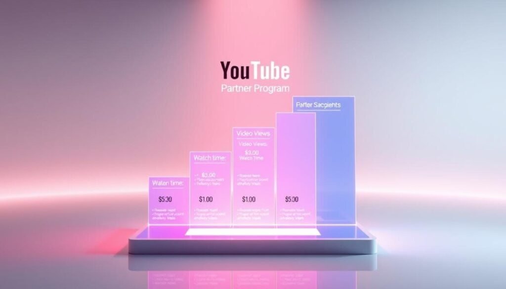 A modern, hyper-realistic illustration of the YouTube Partner Program's tiers, showcasing the different levels and requirements. In the foreground, a vibrant, holographic-like display depicts the ascending tiers, with clear visual cues for each level's criteria, such as subscriber count, video views, and watch time. The middle ground features a sleek, minimalist interface, allowing the viewer to easily navigate and understand the nuances of each tier. In the background, a soft, ethereal glow emanates, creating a sense of digital elegance and professionalism, reflecting the prestige of the YouTube Partner Program. The lighting is crisp and directional, highlighting the key details and creating a sense of depth and dimensionality. A modern, hyper-realistic illustration of the YouTube Partner Program's tiers, showcasing the different levels and requirements. In the foreground, a vibrant, holographic-like display depicts the ascending tiers, with clear visual cues for each level's criteria, such as subscriber count, video views, and watch time. The middle ground features a sleek, minimalist interface, allowing the viewer to easily navigate and understand the nuances of each tier. In the background, a soft, ethereal glow emanates, creating a sense of digital elegance and professionalism, reflecting the prestige of the YouTube Partner Program. The lighting is crisp and directional, highlighting the key details and creating a sense of depth and dimensionality.
